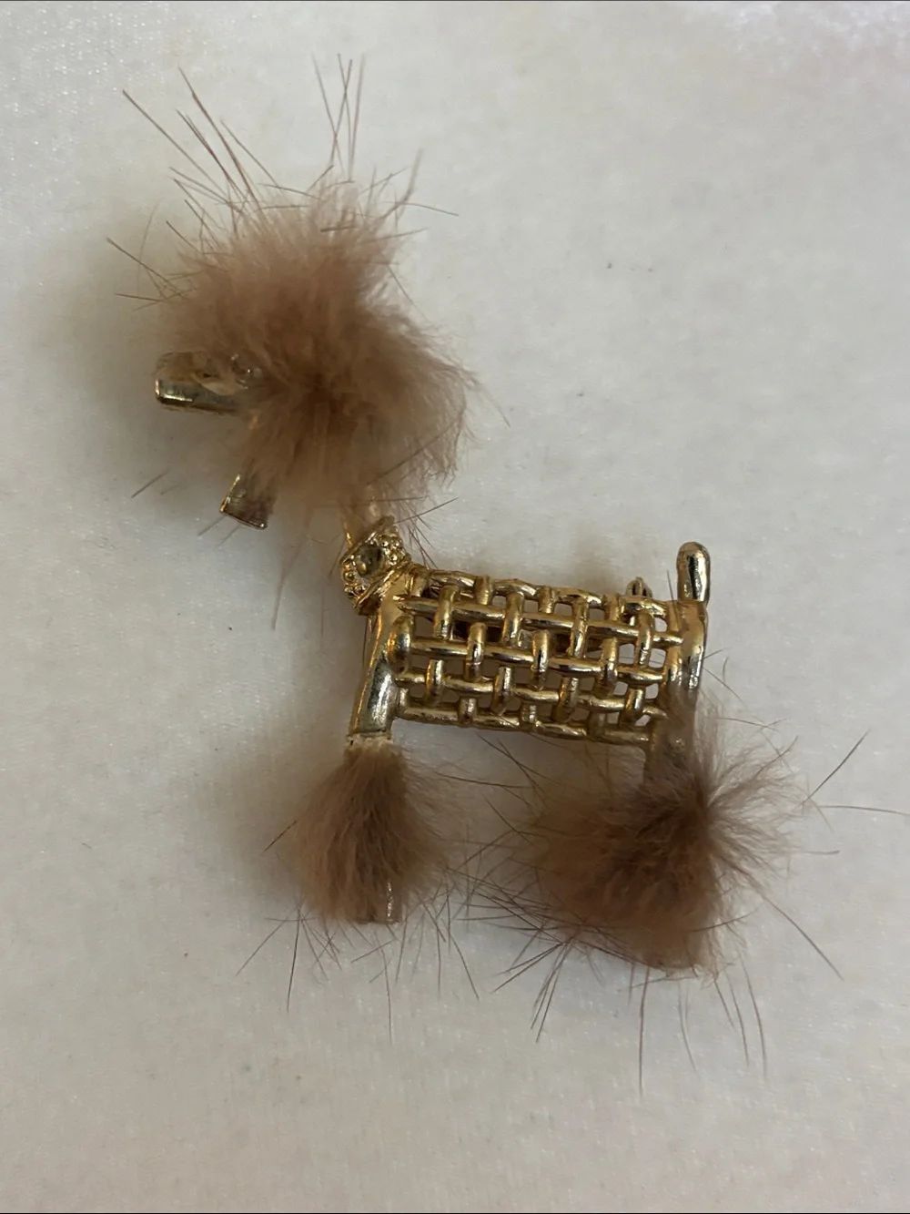 Vintage Gold Tone Poodle Brooch with Brown Fur Trim